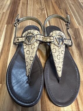GUESS Beige Monogram T-Strap Sandals with Brown Footbed